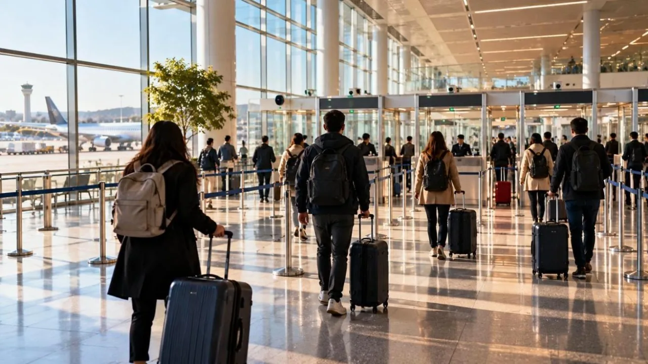 Modern European airport arrival hall with travellers pulling suitcases toward passport control