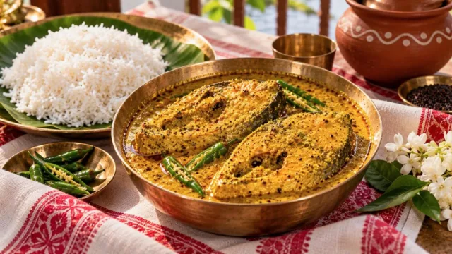 Hilsa fish in golden mustard gravy with green chillies in a brass bowl beside steamed rice