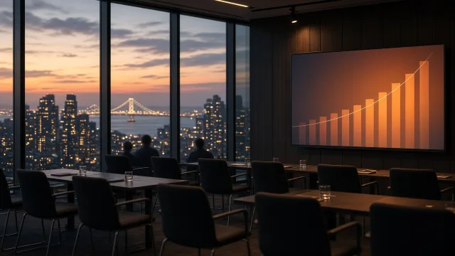 An investor presentation room with a rising bar chart on screen, illustrating Anthropic's quarterly revenue and IPO plans