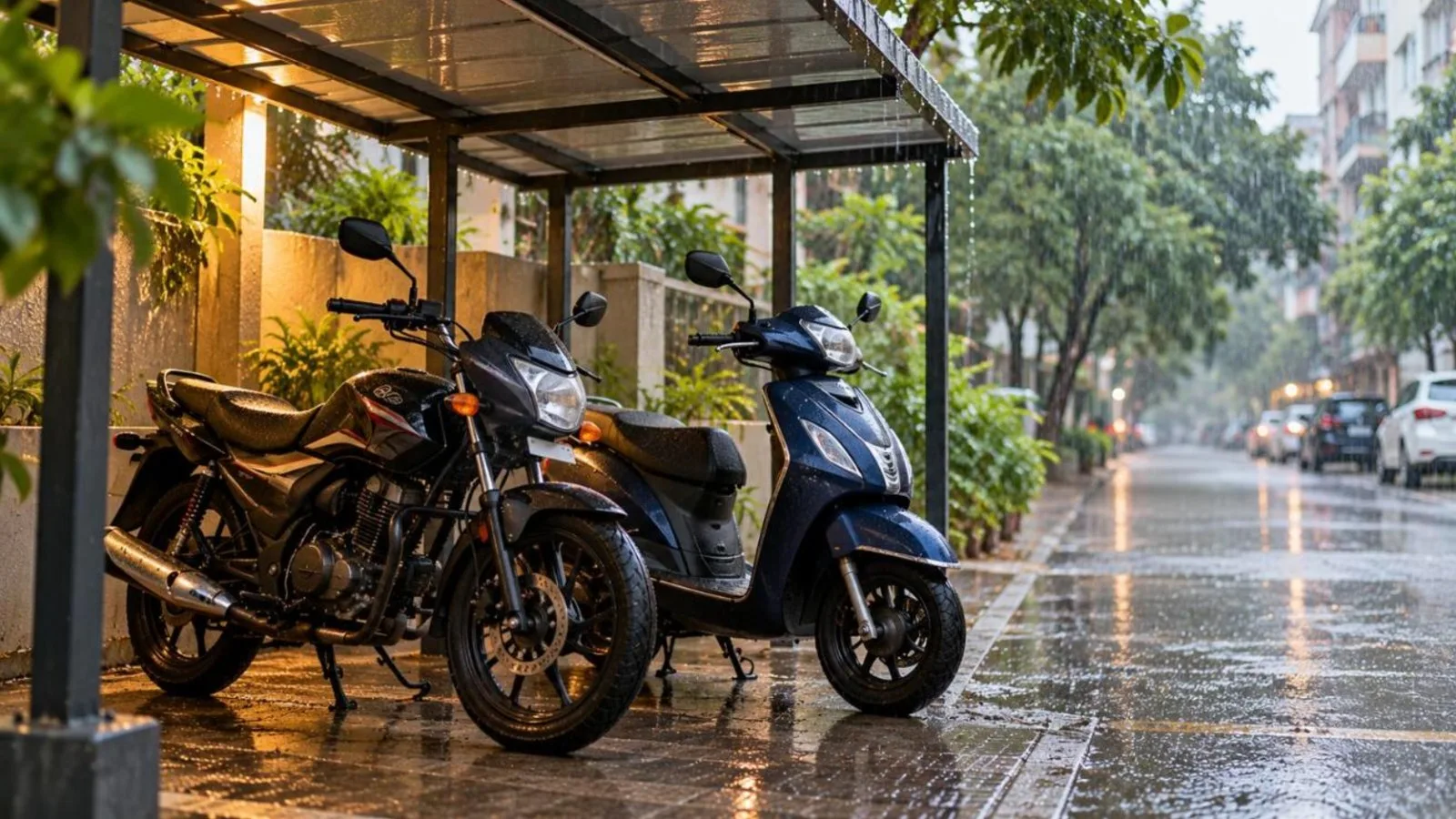 A motorcycle and a scooter parked under a shelter on a rainy street