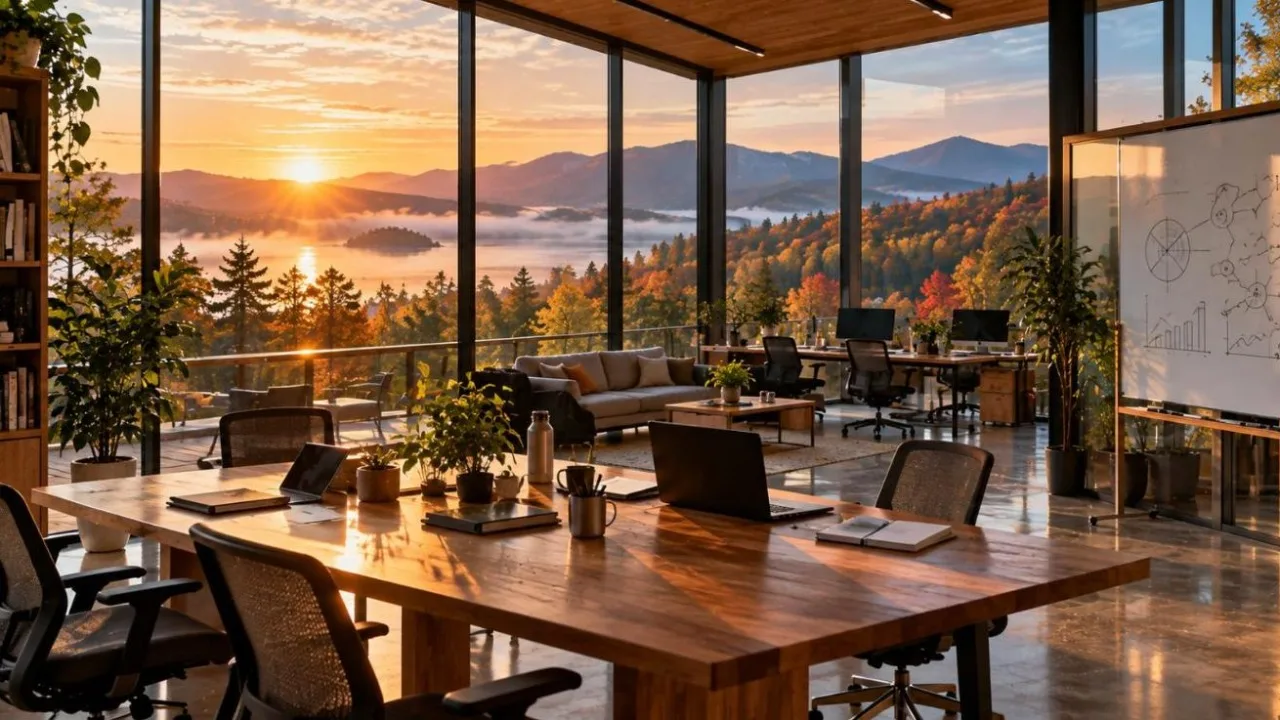 Modern glass office in a forest setting at dawn with whiteboards showing abstract diagrams