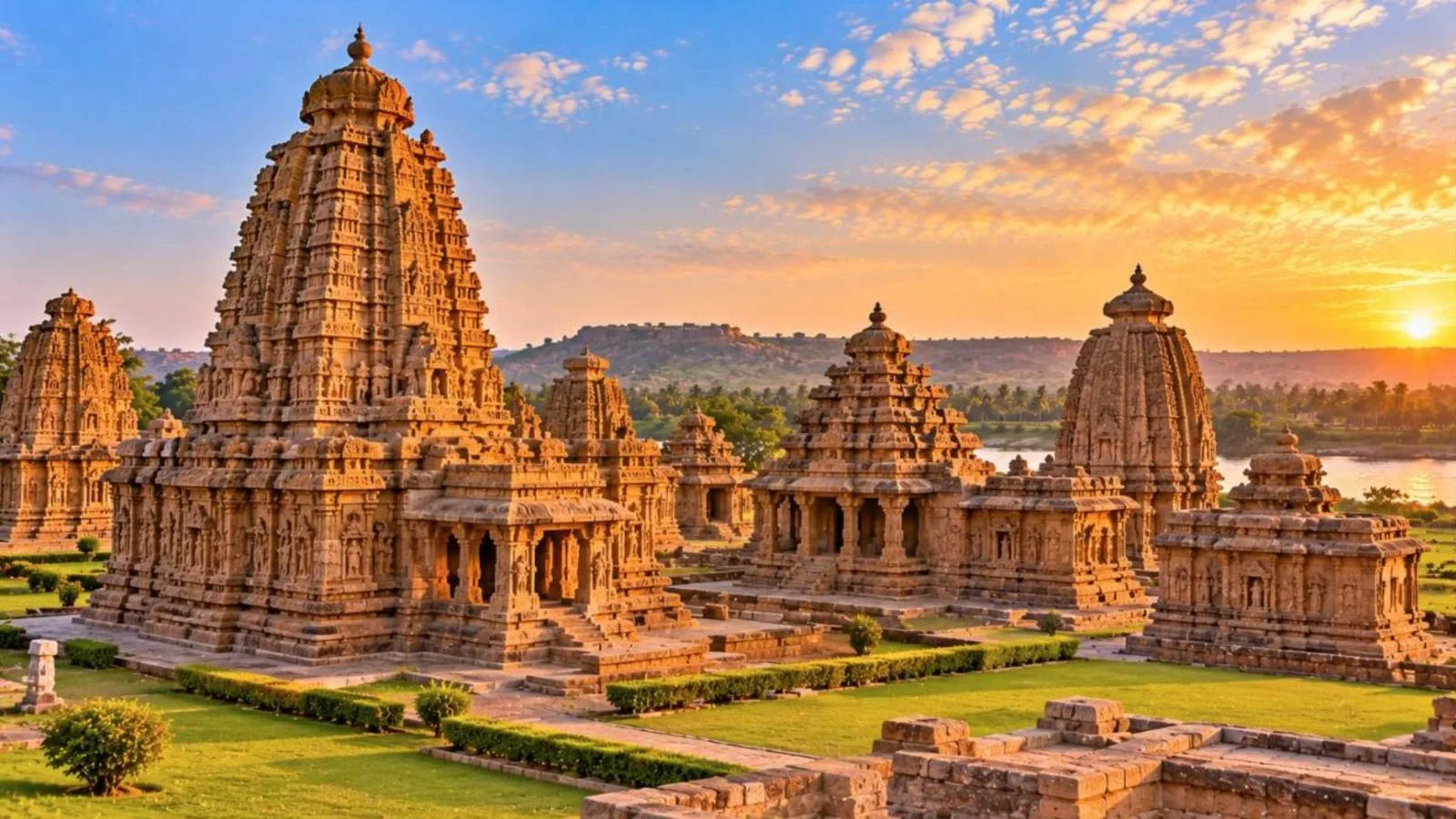 Ancient Chalukya stone temples of Pattadakal on green lawns under a blue sky