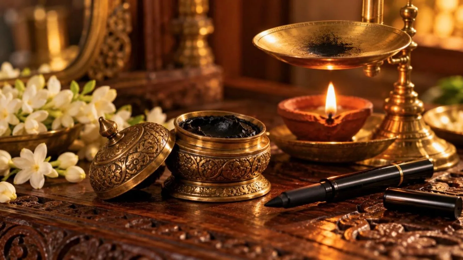 Traditional brass kajal container and an oil lamp beside a modern kajal pencil on a dark wooden table