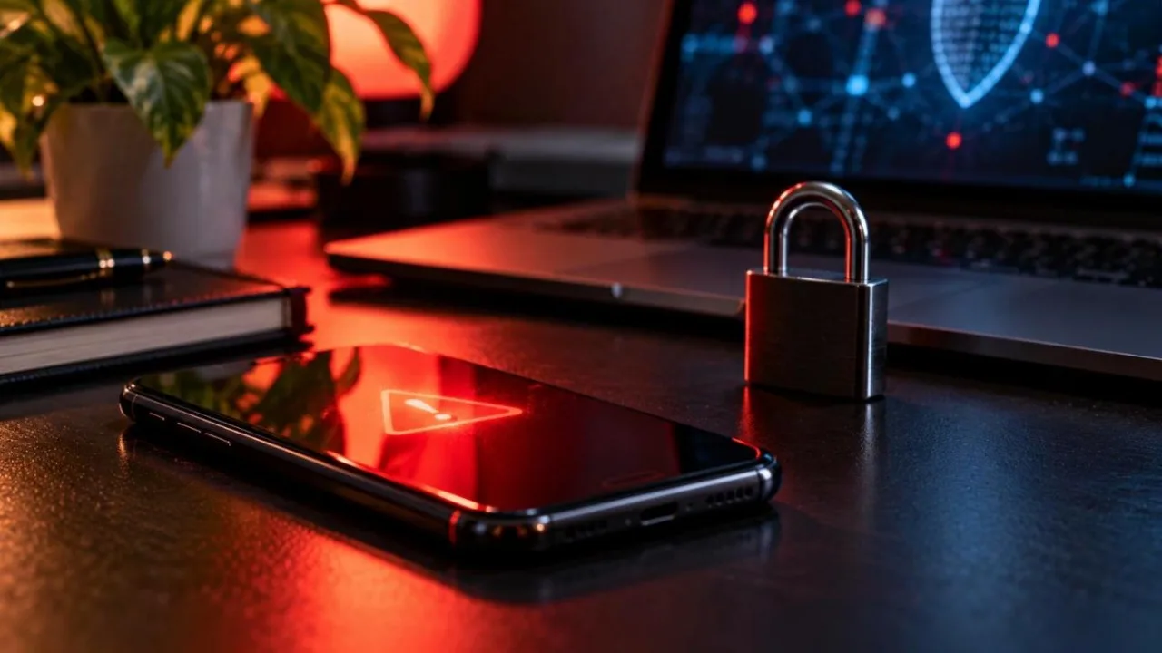 Smartphone on a dark desk with a red warning glow and a padlock