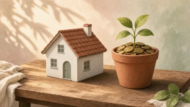 Editorial illustration of a small house model on one side and a growing plant in a pot of coins on the other