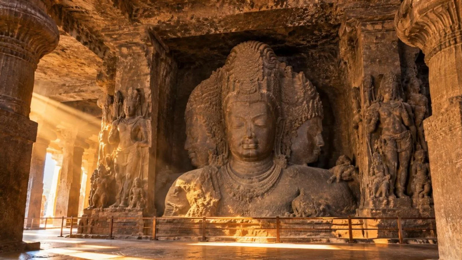 The giant three-headed Trimurti sculpture of Shiva inside the Elephanta Caves
