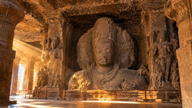 The giant three-headed Trimurti sculpture of Shiva inside the Elephanta Caves
