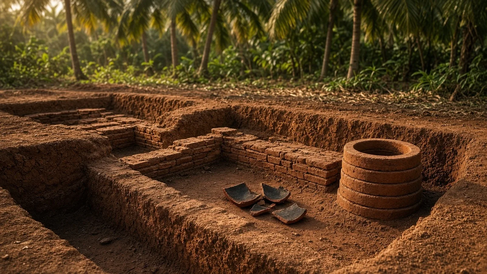 Excavated ancient brick walls and a terracotta ring well in red-soil trenches beneath coconut palms, evoking the Keezhadi site near Madurai