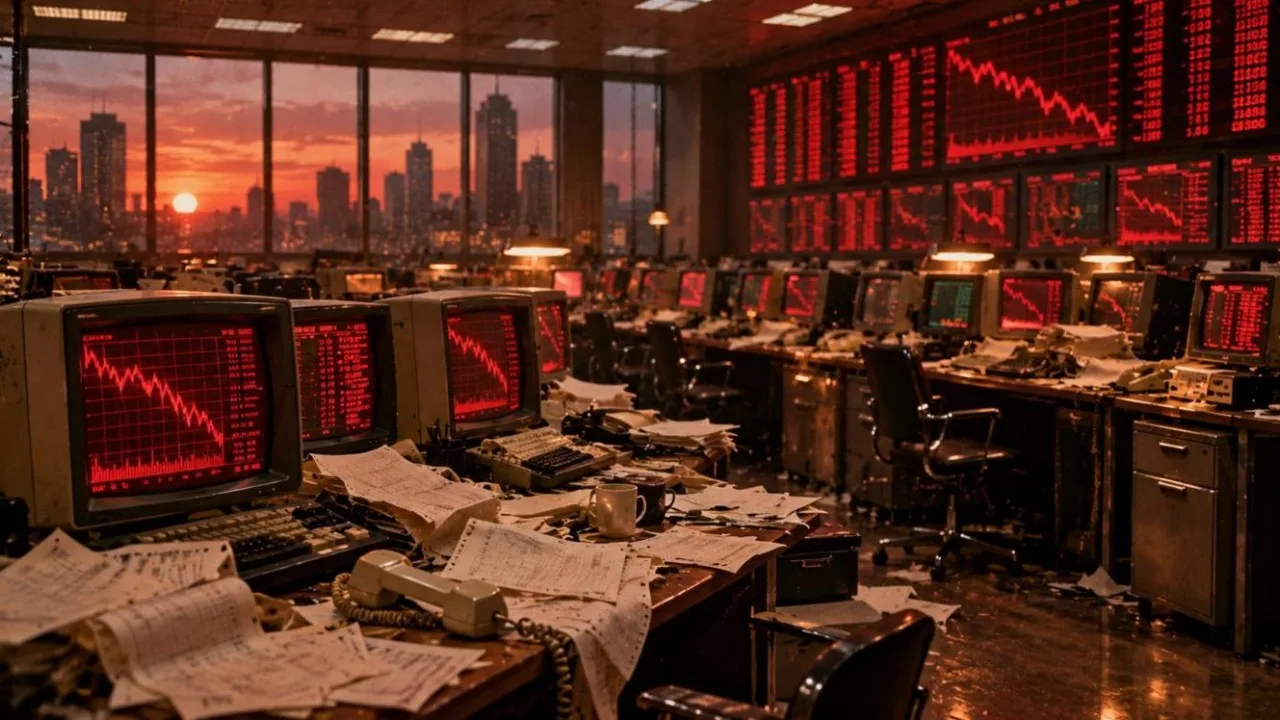 1980s trading room with rows of old monitors glowing red, scattered papers and phones off the hook