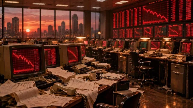 1980s trading room with rows of old monitors glowing red, scattered papers and phones off the hook
