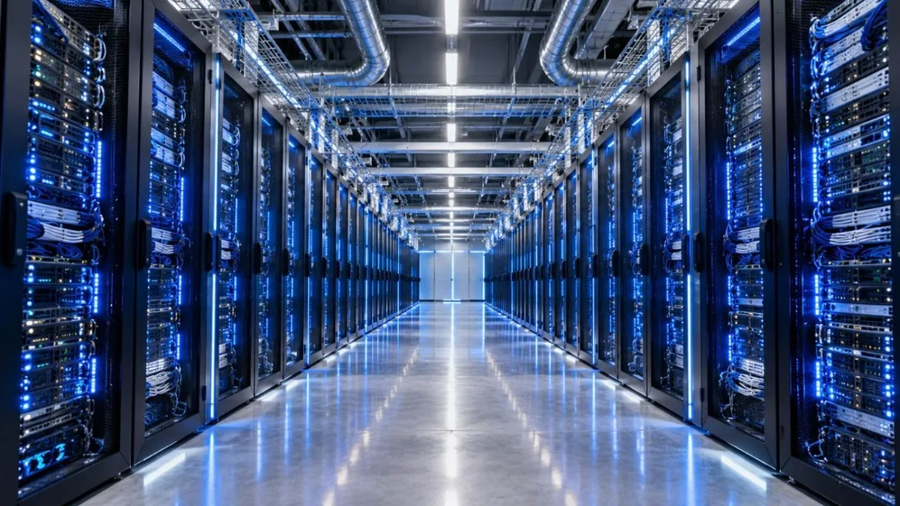 Rows of server racks with blue and white lights in an AI data centre