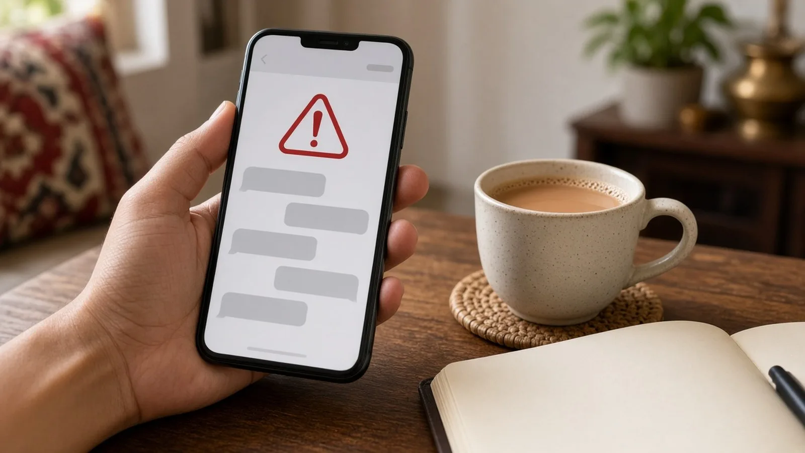 Hand holding a phone showing a red warning triangle above message bubbles, with chai and a notebook