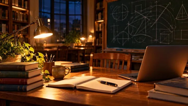 Library desk at night with a chalkboard of abstract curves and a laptop