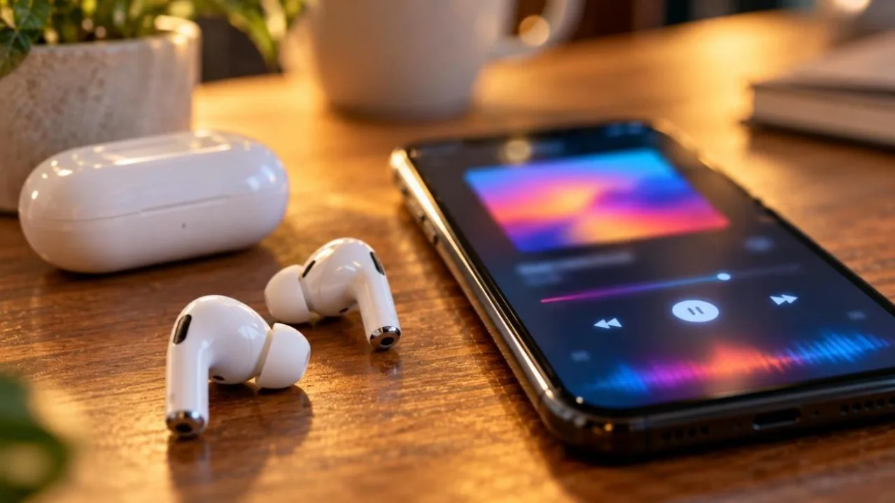 White earbuds and a smartphone showing a colourful music app on a wooden table