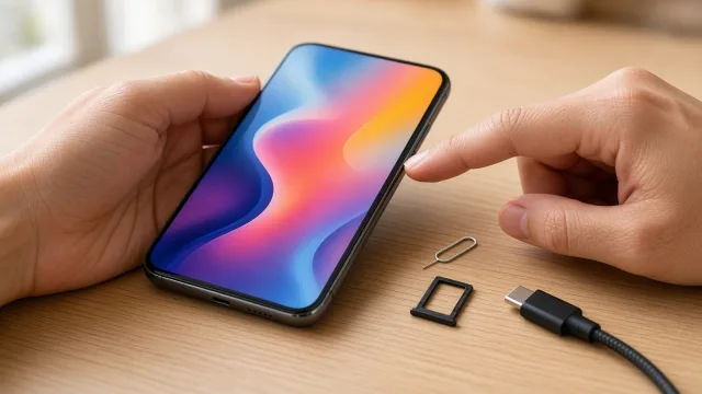 Hands holding a new smartphone on a wooden desk beside a SIM ejector pin, SIM tray and USB-C charging cable