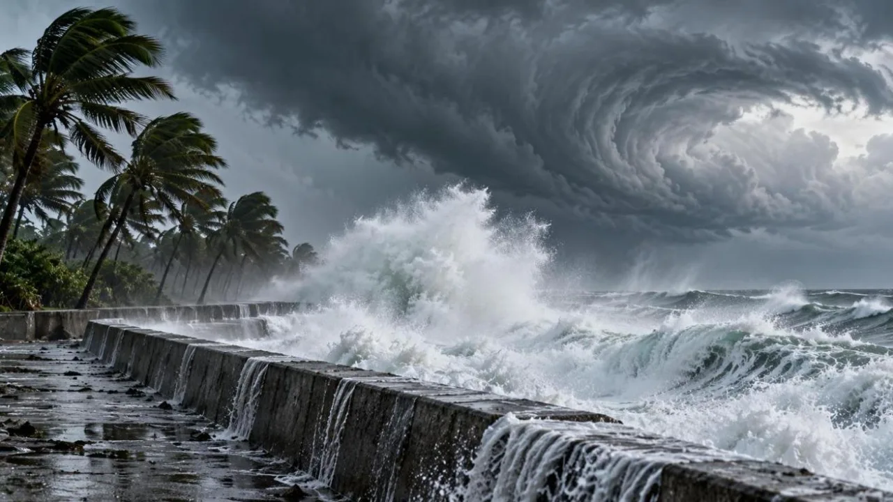 Huge storm waves crashing against a coastal sea wall under dark swirling clouds