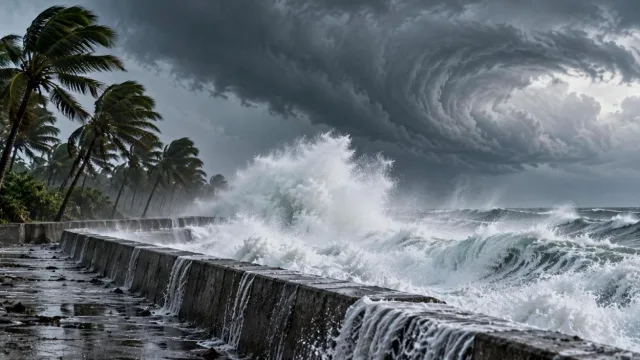 Huge storm waves crashing against a coastal sea wall under dark swirling clouds