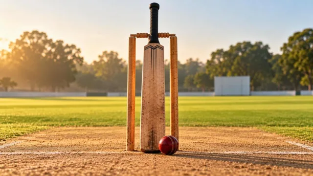 A cricket bat standing upright in front of three stumps on a pitch with a red ball at its base