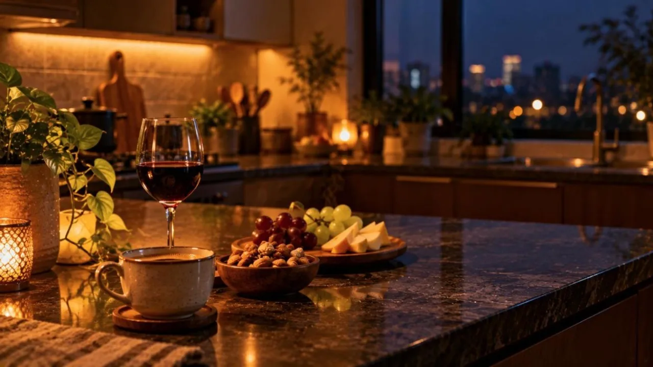 Kitchen counter at night with a cup of coffee, a glass of wine and a light snack under warm light