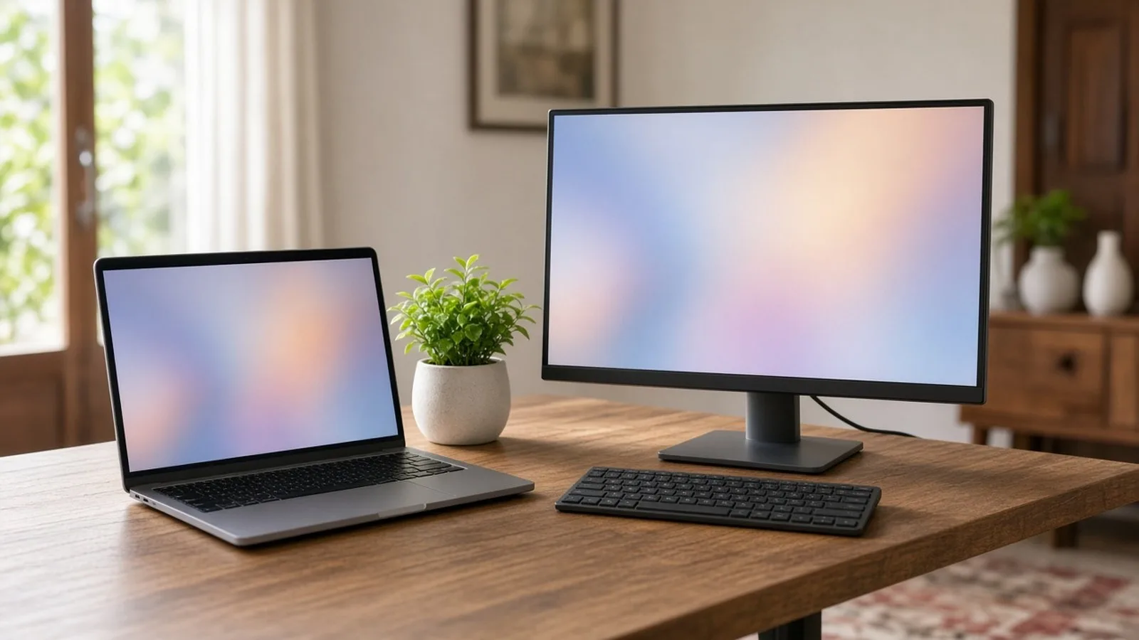 Open laptop and desktop monitor with keyboard side by side on a wooden desk with a small potted plant