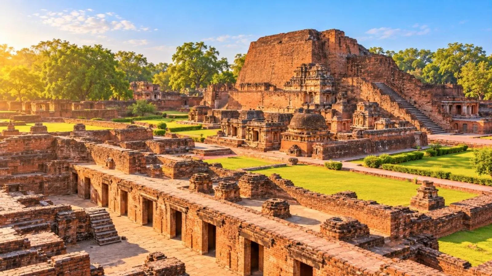 Red-brick ruins of the ancient Nalanda university monasteries and stupa in Bihar