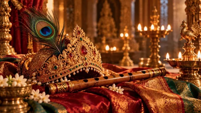 An ornate golden mythological crown, a peacock feather and a wooden flute on silk