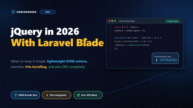 Banner for jQuery with Laravel Blade showing Vite bundling, DOM micro-interactions, and lightweight architecture