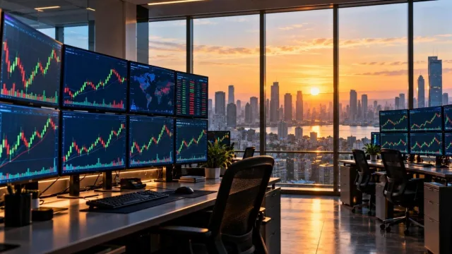 Trading floor at dawn with screens of abstract red and green charts
