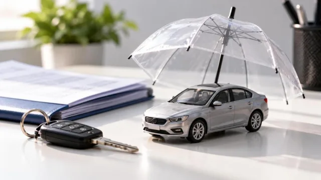 A car key, toy car under a transparent umbrella and a folded insurance policy on a white desk