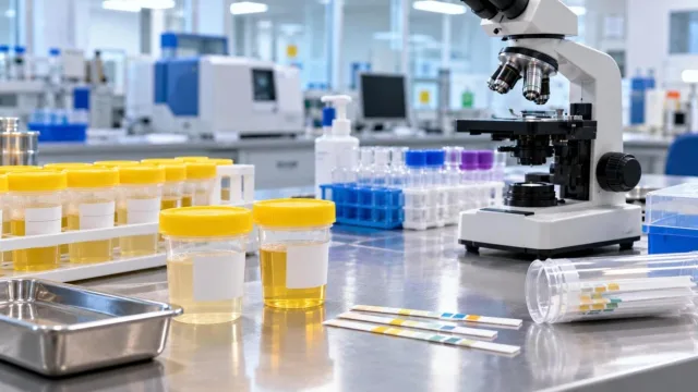 Laboratory counter with sterile urine sample containers, test strips and a microscope