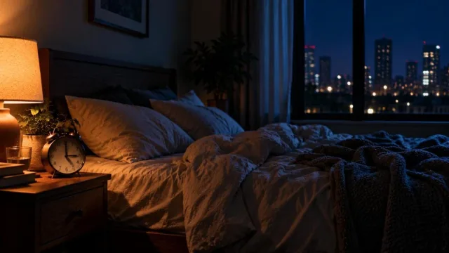 Bedroom at 3 a.m. with an analog clock, rumpled sheets and city lights through the window