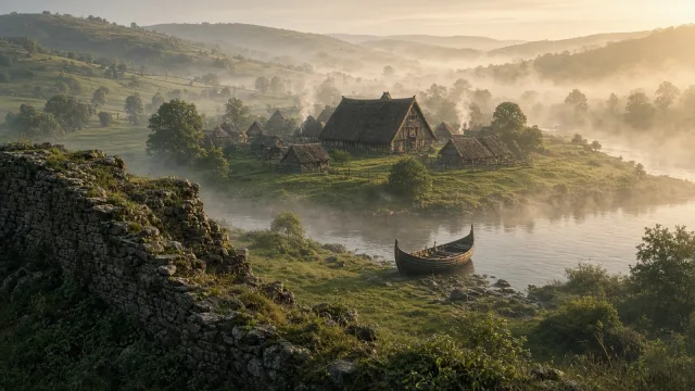 Mossy ruins of a Roman fort wall above a misty river valley at dawn, with a thatched Anglo-Saxon timber hall, small wooden houses and a wooden boat on the bank, illustrating the Anglo-Saxon kingdoms