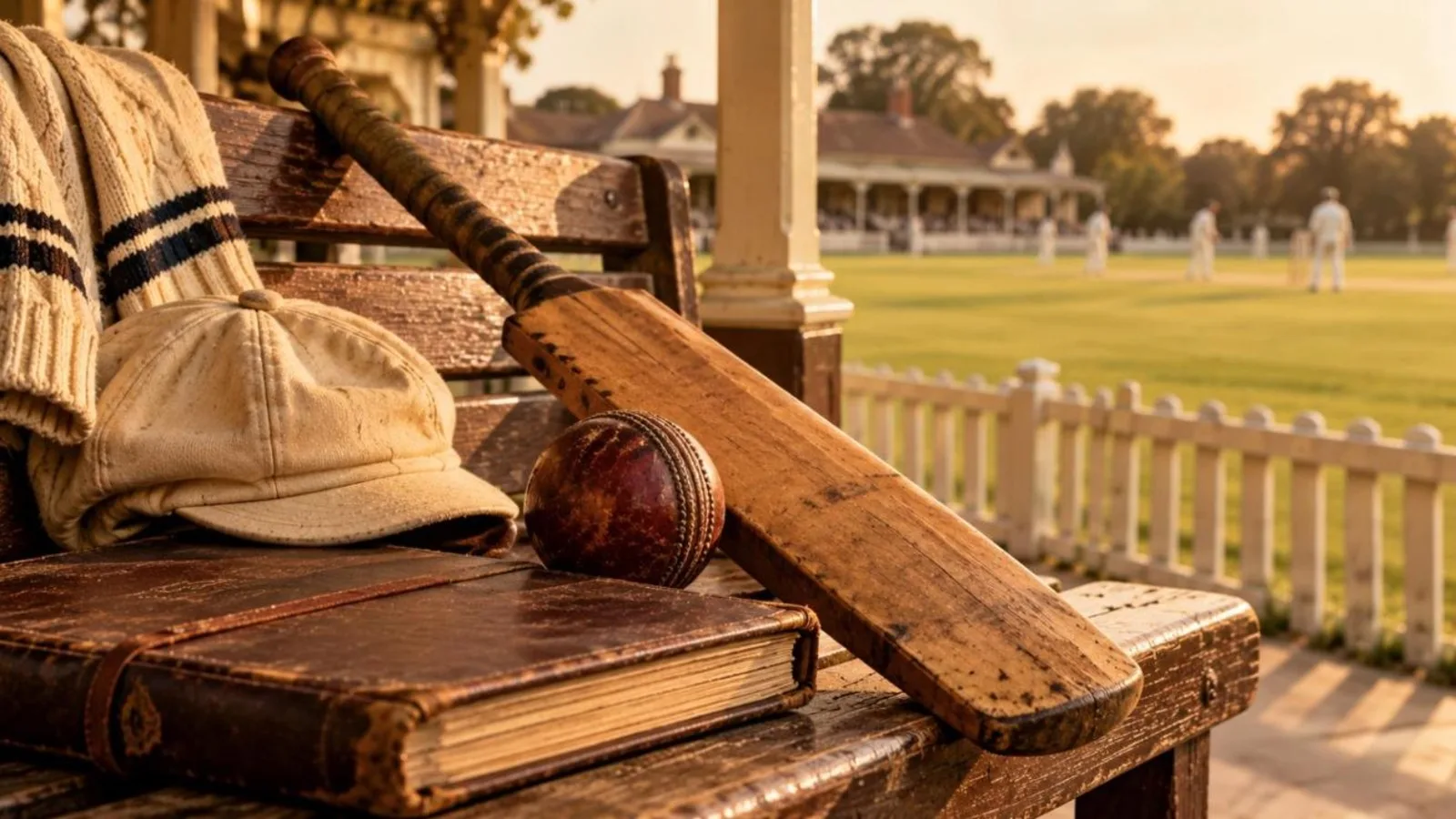 A vintage cricket still life with an old leather ball, wooden bat, cap and scorebook on a pavilion bench