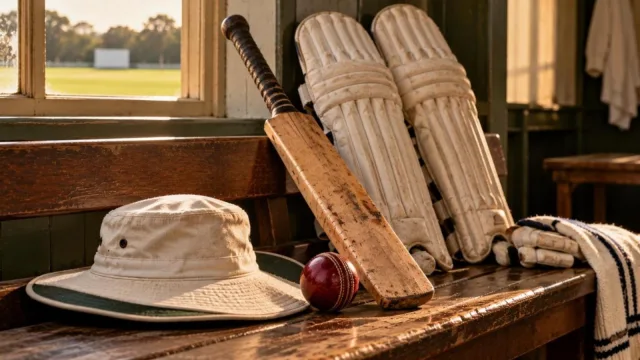 A batsman's kit with a wide-brim sun hat, white pads, a bat and a red ball on a dressing room bench