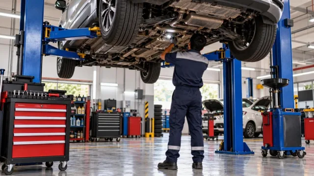 A car on a hydraulic lift in a clean, well-lit service workshop with neatly arranged tools