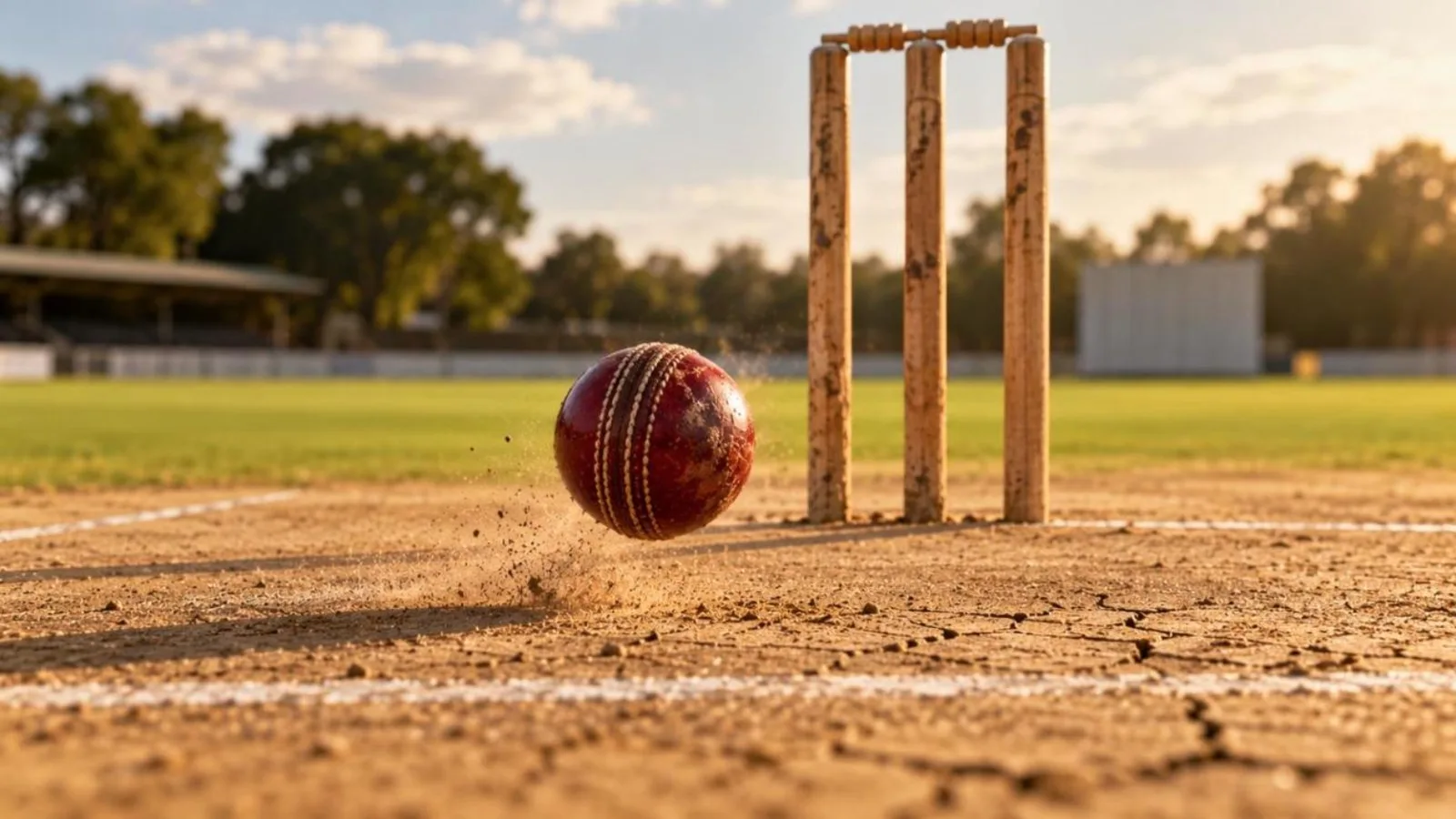 A red cricket ball spinning above a dusty pitch with stumps and bails in focus behind