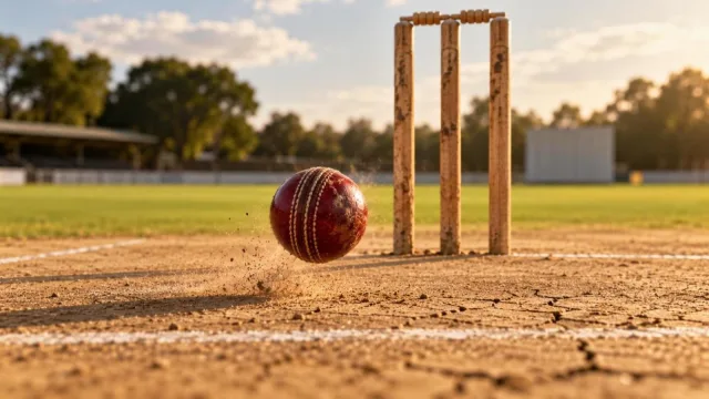 A red cricket ball spinning above a dusty pitch with stumps and bails in focus behind