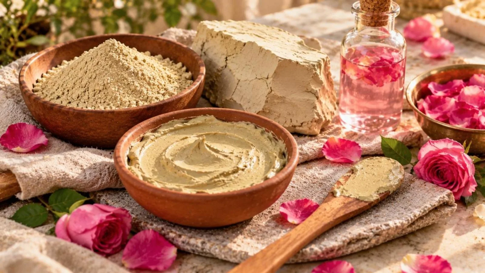 Multani mitti clay as a raw chunk, powder and smooth paste in clay bowls with rose water and pink rose petals