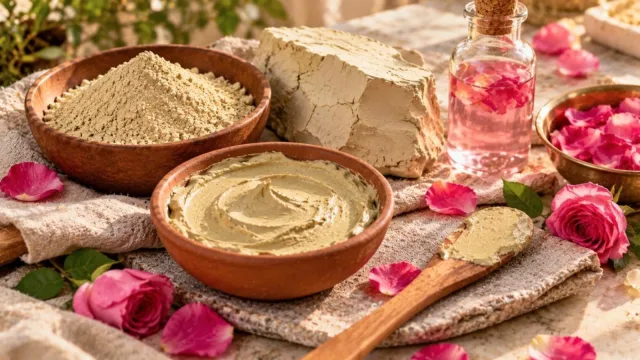 Multani mitti clay as a raw chunk, powder and smooth paste in clay bowls with rose water and pink rose petals