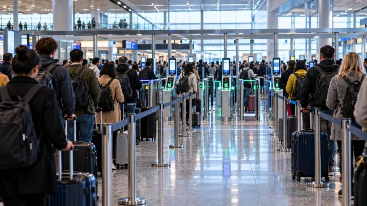 Busy European airport passport control hall with queues of travellers and automated e-gates