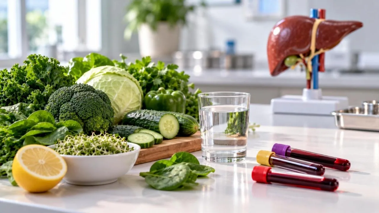 Fresh vegetables, water and blood tubes on a clinic table with a liver model