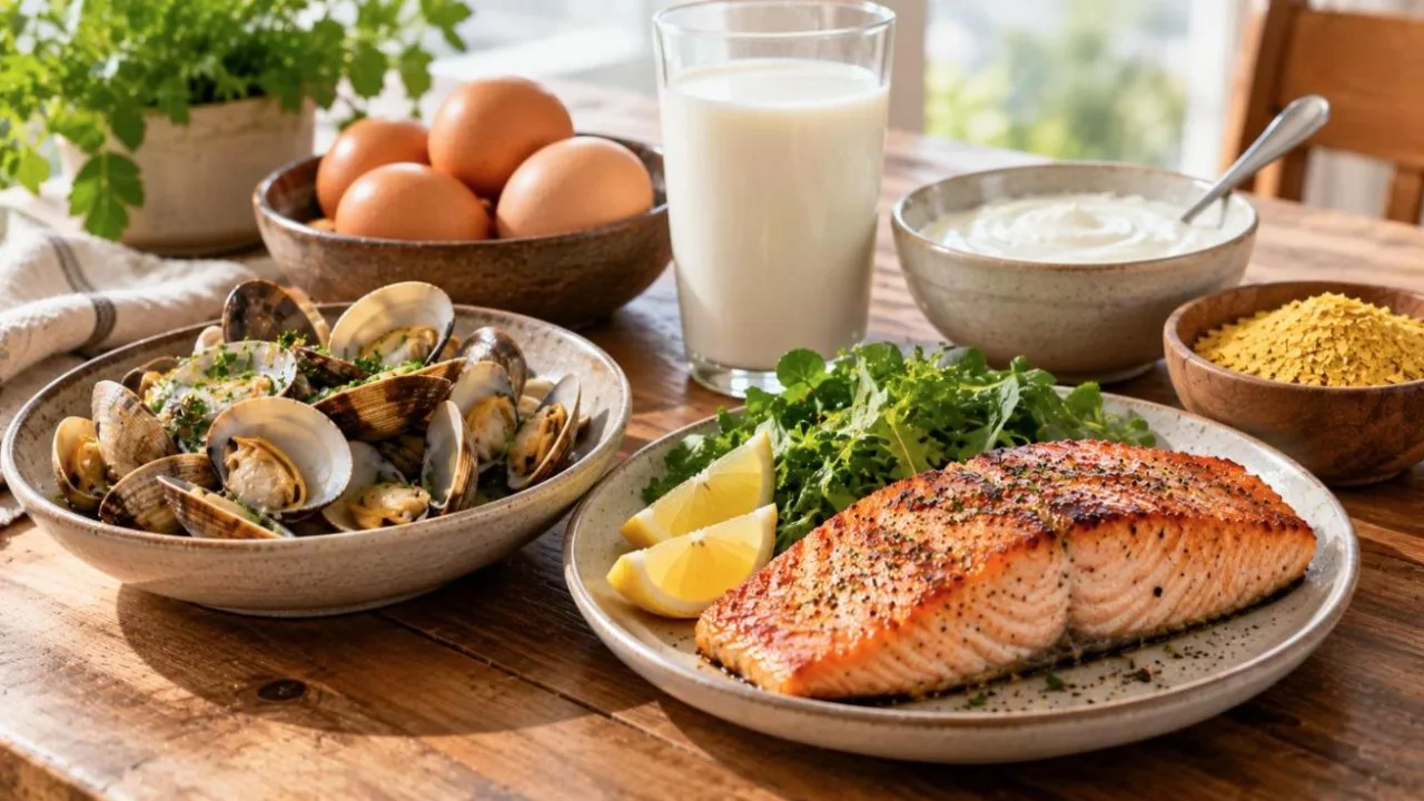 Wooden table with clams, salmon, eggs, milk, yoghurt and a bowl of nutritional yeast flakes