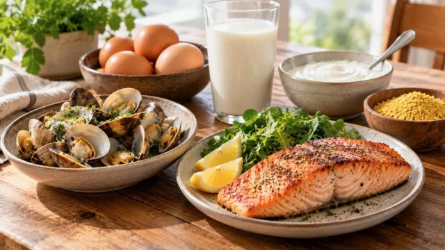 Wooden table with clams, salmon, eggs, milk, yoghurt and a bowl of nutritional yeast flakes
