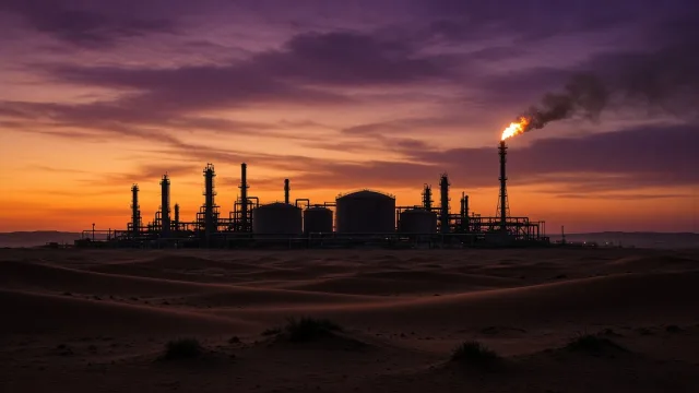 Silhouette of a desert oil processing facility with storage tanks and a gas flare at dusk, illustrating Houthi attacks on Saudi energy sites