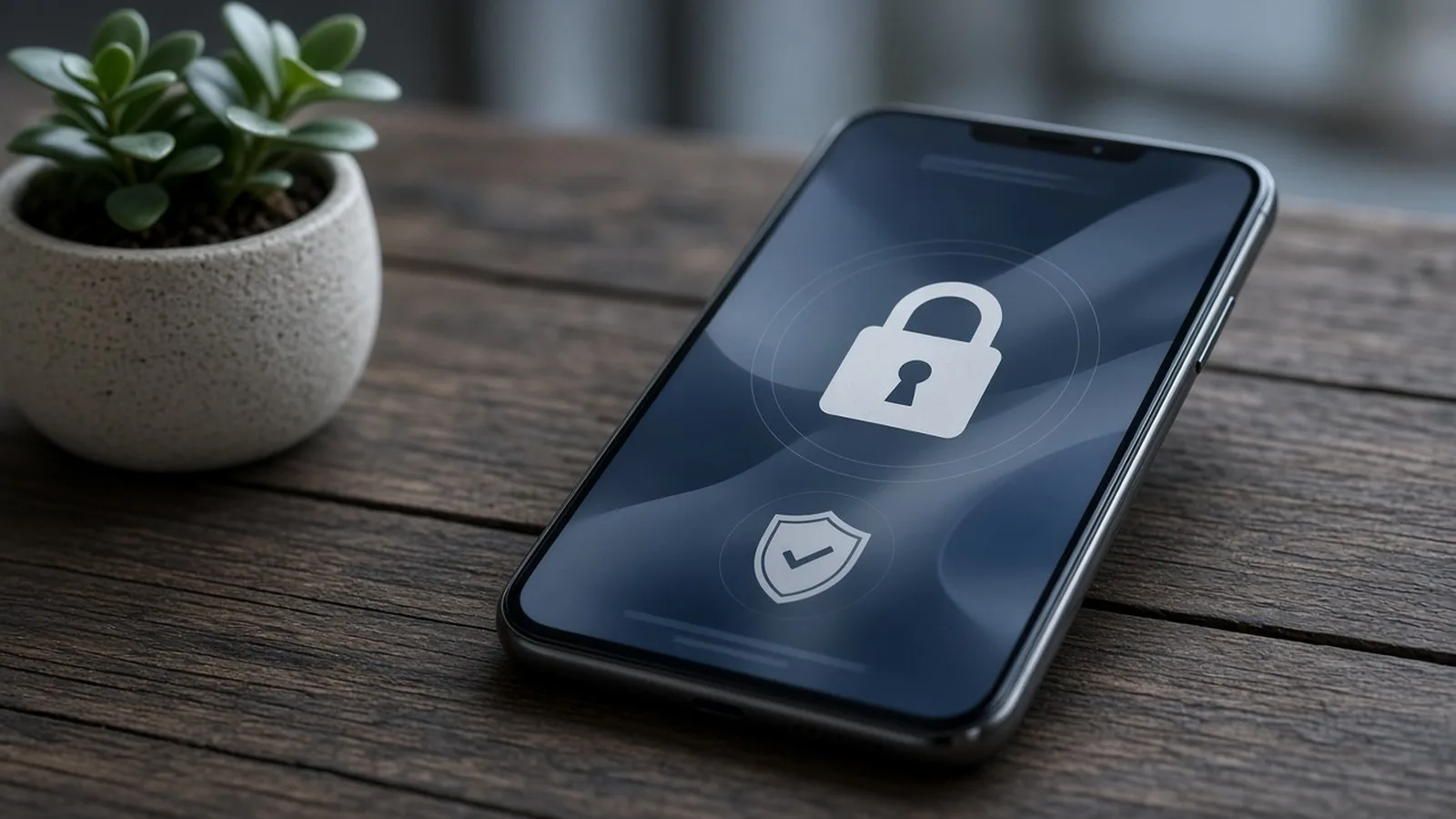 Phone on a wooden table showing a padlock and shield symbol, with a small potted plant beside it