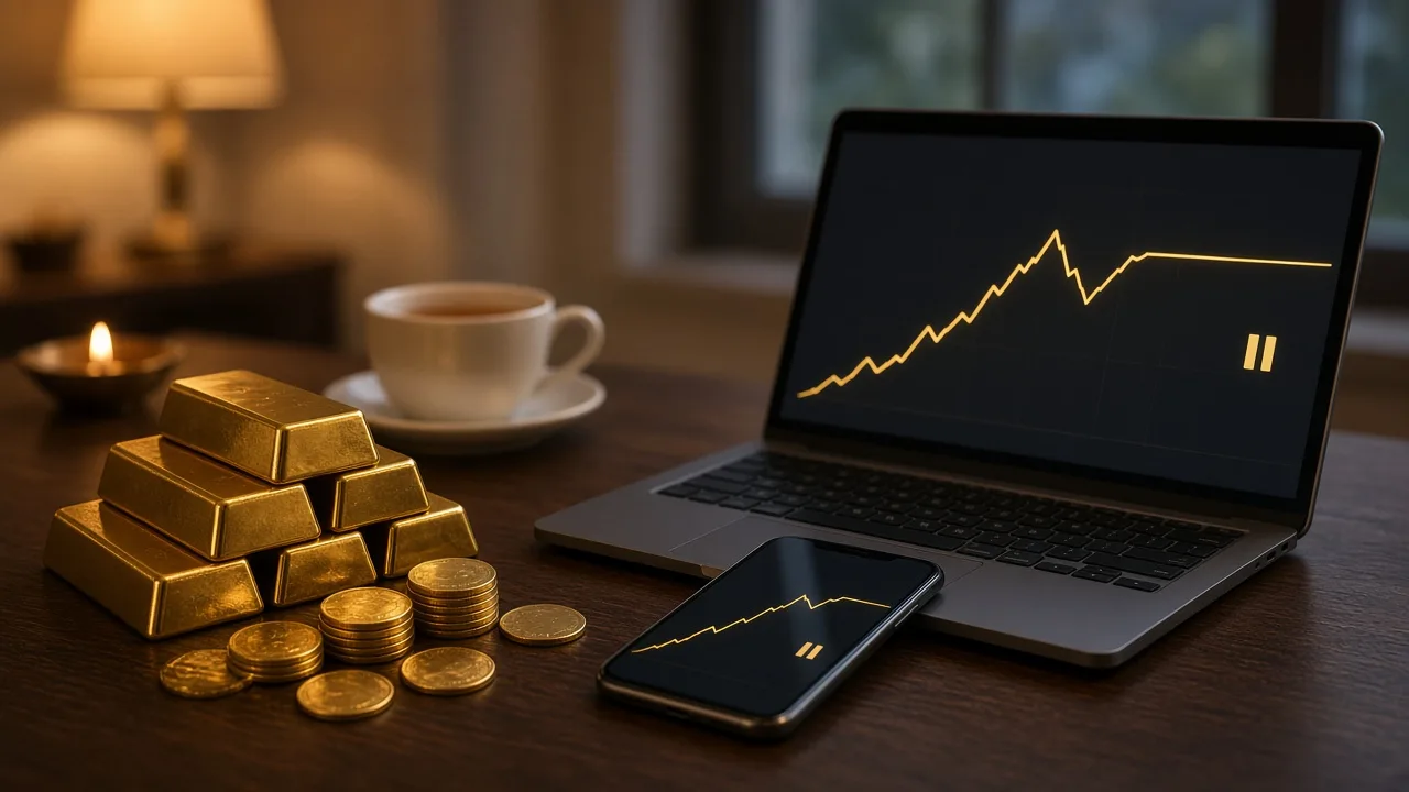 Gold bars and coins beside a laptop and phone showing a flattened investment chart, illustrating the halt on fresh investments in gold fund of funds