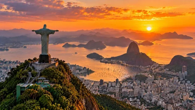 Christ the Redeemer statue on Corcovado above Rio de Janeiro with Sugarloaf Mountain at sunset