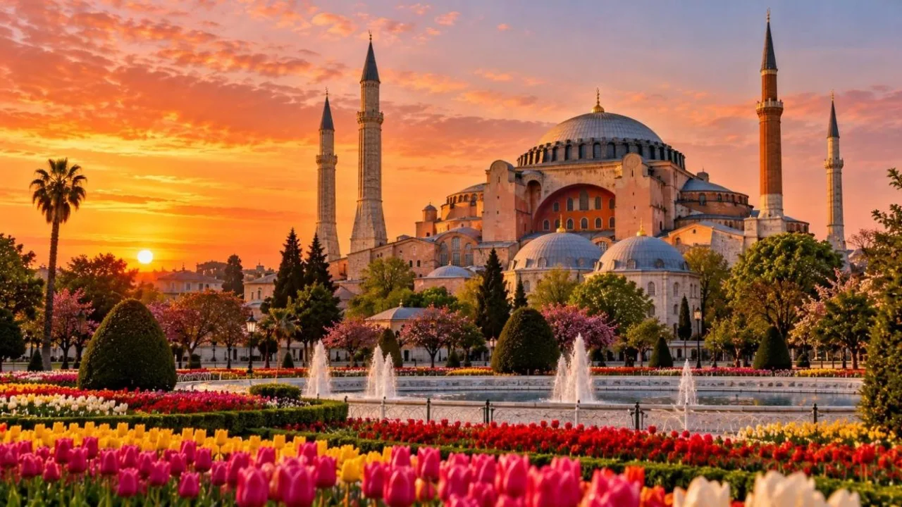 Hagia Sophia with its dome and minarets at sunset behind a garden of tulips and fountains