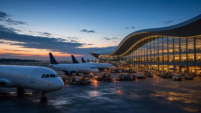 Passenger jets at a modern airport terminal at twilight, illustrating Mumbai airport's decision to keep its winter flight schedule
