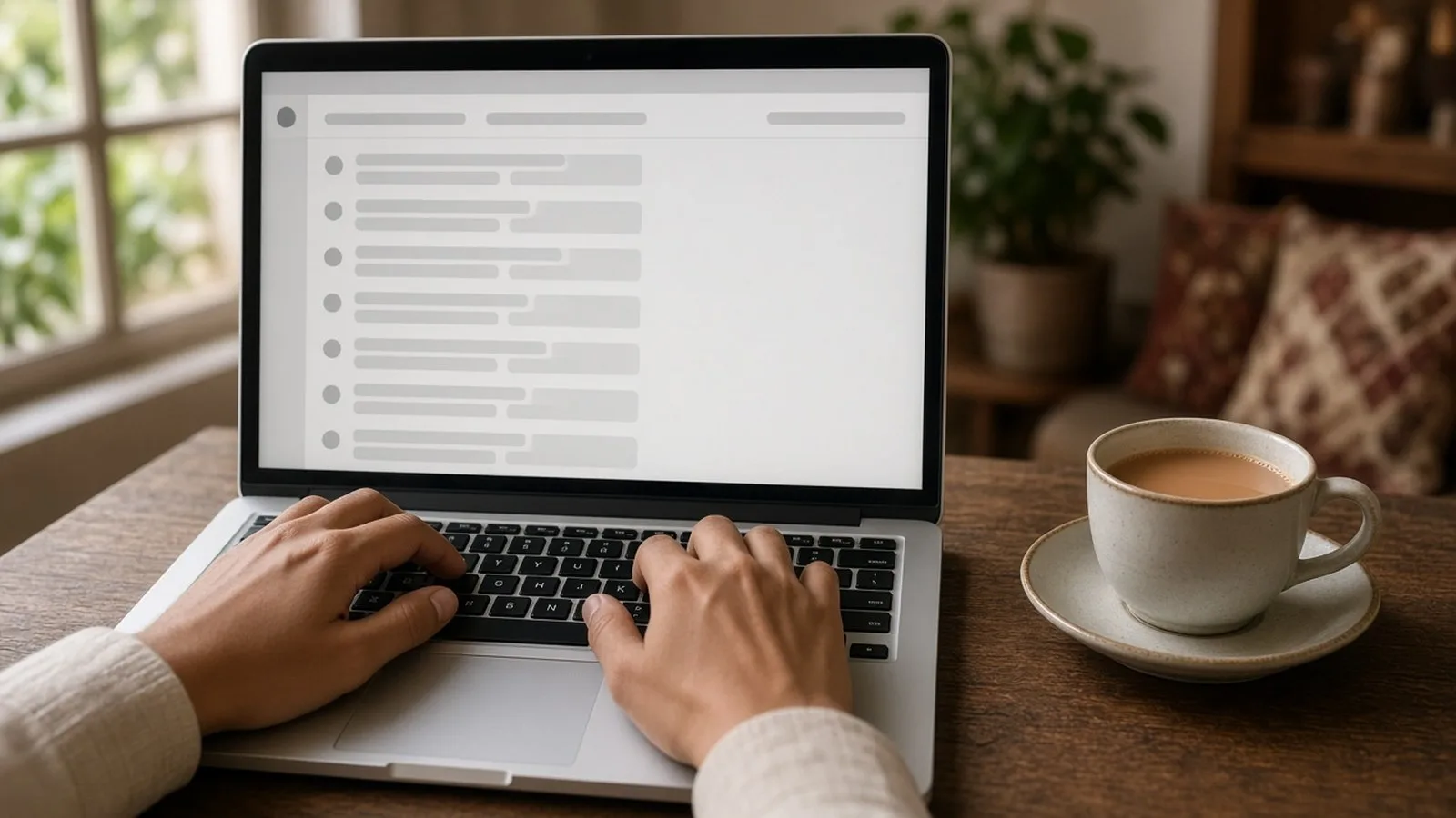 Hands typing on a laptop showing a simple chat window, with a cup of tea on a wooden table
